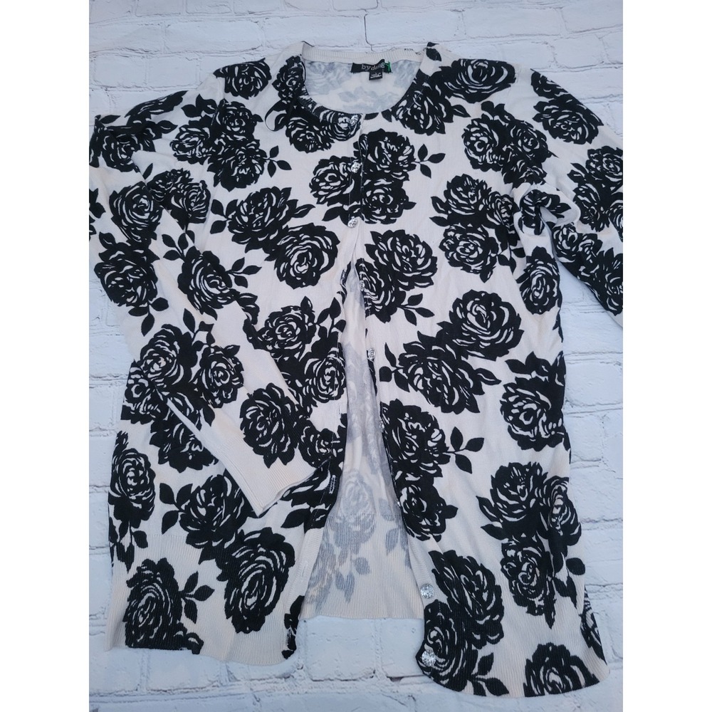 By Design Women Black White Floral‎ Rose Rhinestone Button Knit Cardigan Large